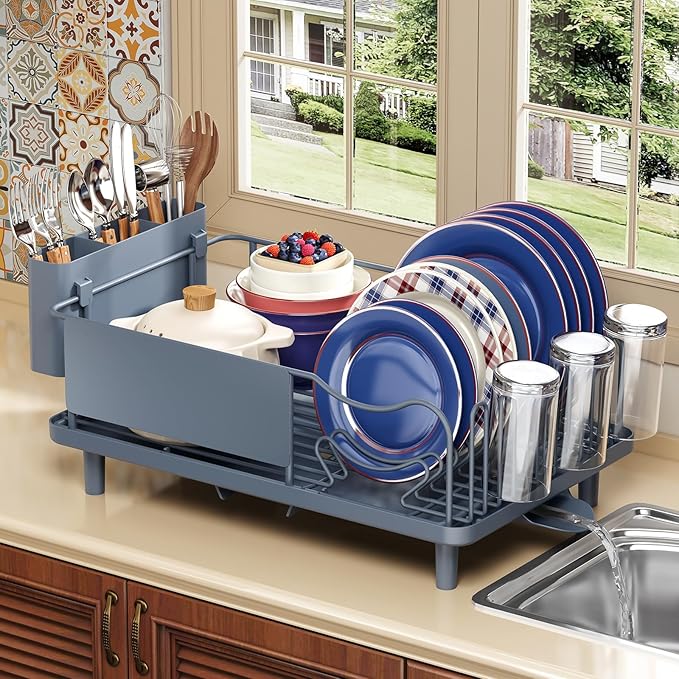 Dish Drying Rack Large Capacity - Stainless Steel Dish Rack for Kitchen Counter with Drain Board, Rustproof Dish Drainer with Auto Drain Spout, Utensil Holder & Glass Holder, Dinnerware Organizer