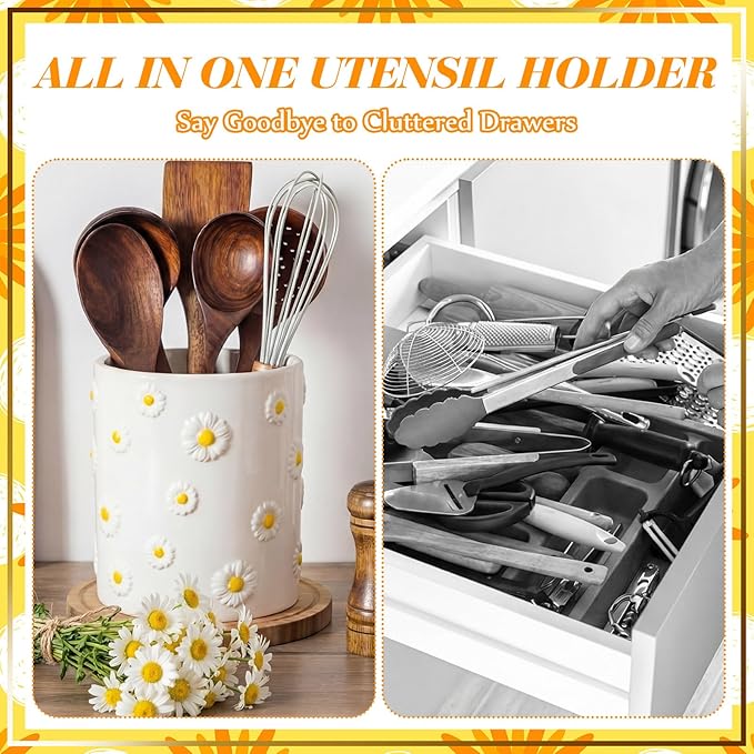 LemonRoad Daisy Utensil Holder for Kitchen Counter,Ceramic Cooking Utensil Crock Modern Farmhouse Countertop Organizer for Spatula Ladle Kitchen Counter Decor