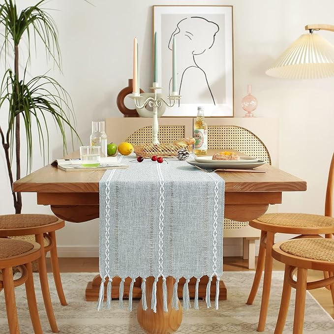 Rustic Farmhouse Style Linen Table Runner, Boho Handmade Tassel Hemstitched Embroidery Table Runners 72 Inches Long for Holiday Party, Dresser and Dining Decorations, 13 x 72 inch - Light Grey