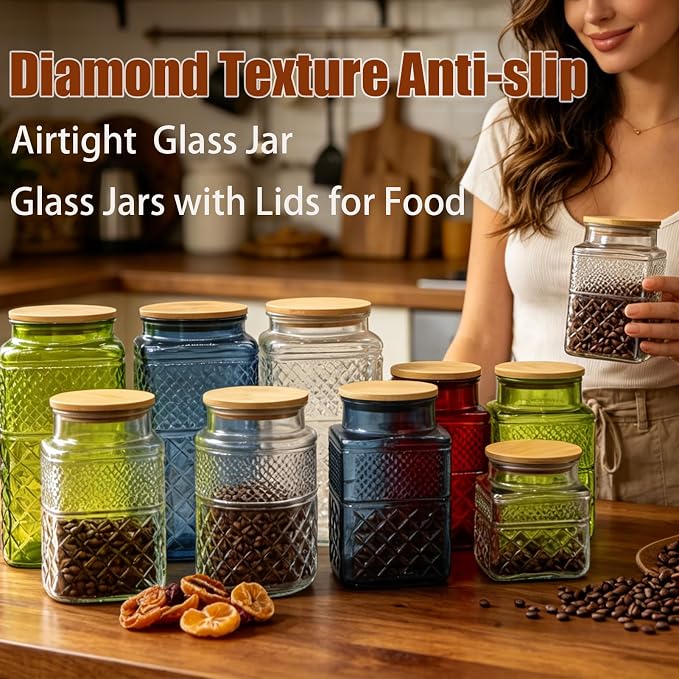 Viovian 60oz Red Glass Jar with Lid and Spoon Square Glass Storage Jars,Vintage Coffee Canister Decorative Glass Container for Food Nuts Sugar