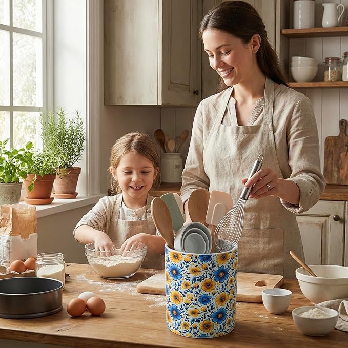 MyGift Vibrant Blue and Yellow Floral Ceramic Kitchen Utensil Holder – Decorative Crock for Cooking Utensils, Flatware, and Countertop Storage