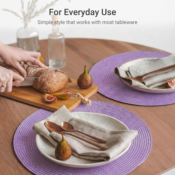 FunWheat Round Braided Placemats Set of 6 Table Mats for Dining Tables Woven Washable Non-Slip Place mats 15 inch(Lilac Purple, 6pcs)