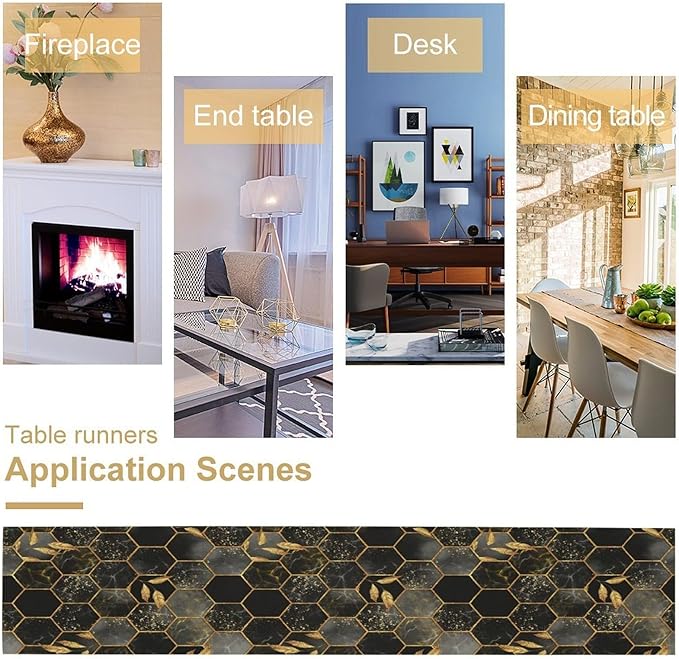 Marble Table Runner, Black and Gold Abstract Geometry Hexagon Modern Luxury Texture Printed Linen Table Runners for Living Room Kitchen Dining Room Party Holiday Decor 13" W x 48" L