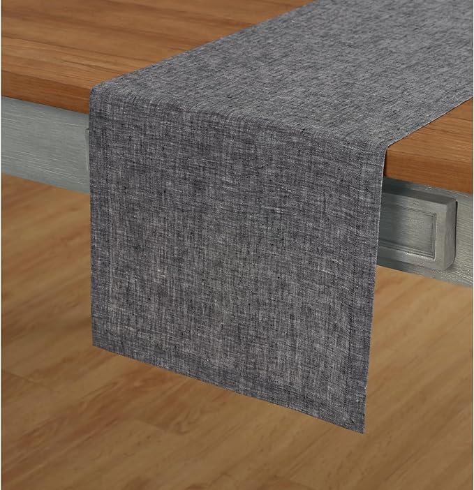 Solino Home Linen Chambray Black Table Runner 120 Inches Long - Athena, 100% Pure Linen 14 x 120 Inch Table Runner