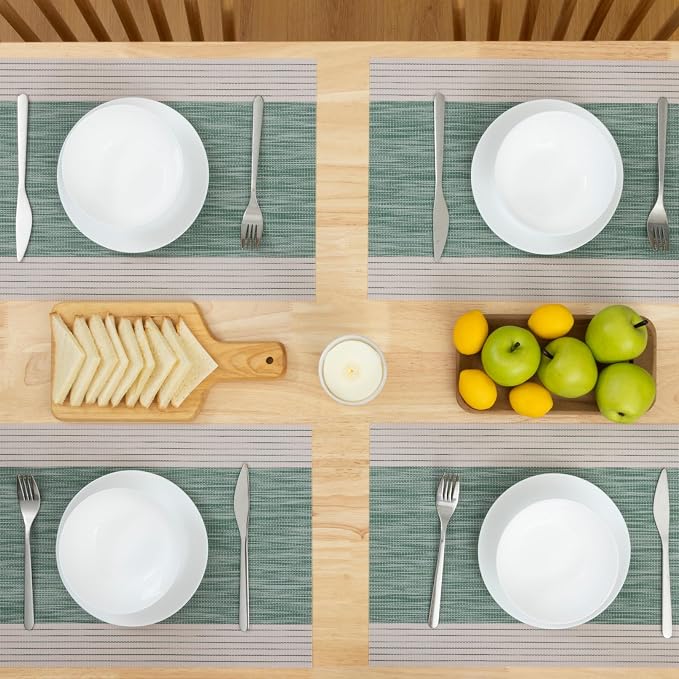 Winknowl Placemats, Set of 6 Heat Resistant Stain Resistant Woven Vinyl Insulation Place mats, Durable Washable Elegant Table Mats for Dining (Striped Green)