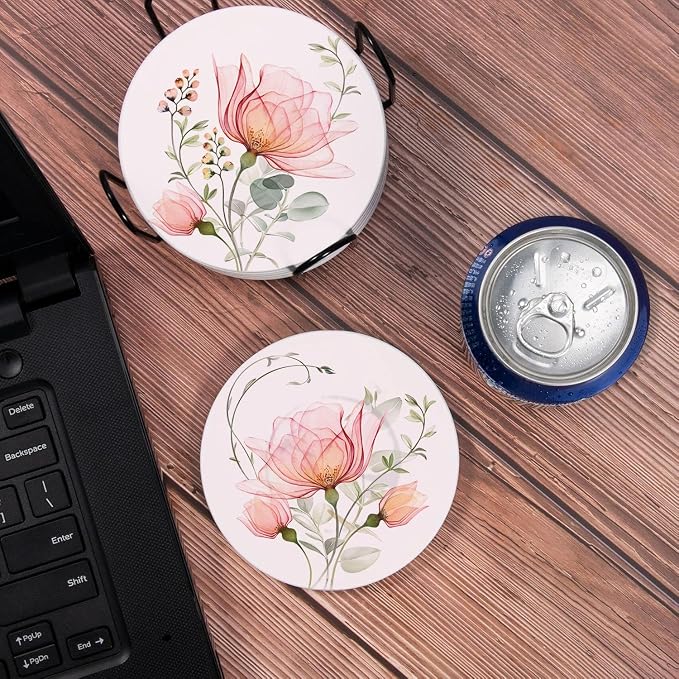 Drink Coasters for Drinks Set of 6, Watercolor X-ray Roses and Eucalyptus Absorbent Round Ceramic Stone Mat Coaster, with Cork Base and Metal Holder, Home Bar Decor House Warming Gift