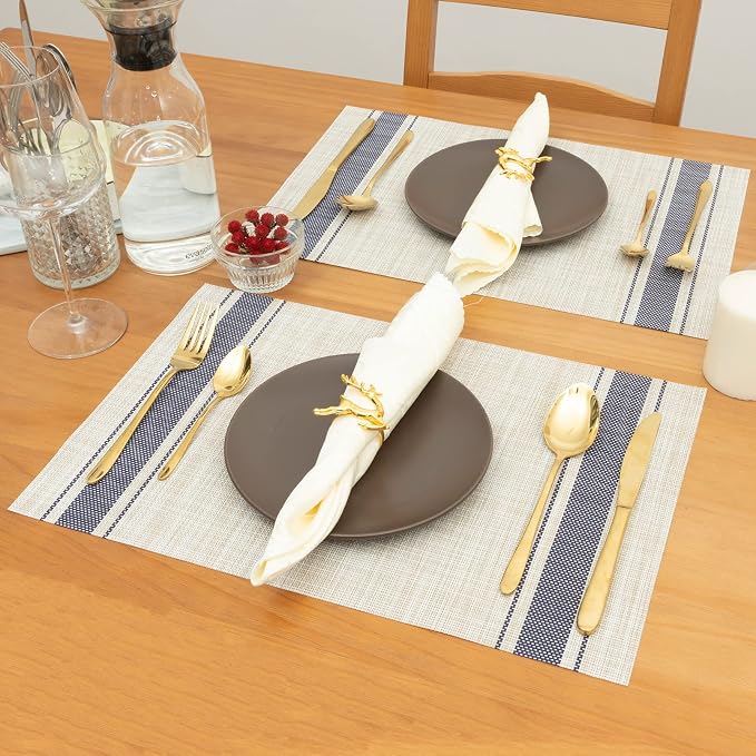 Winknowl Placemats Set of 6, Heat Resistant Non-Slip Vinyl Woven Table Mats for Dining Table, Washable Durable Elegant Place Mats for Kitchen Indoor/Outdoor Use (Beige Blue)
