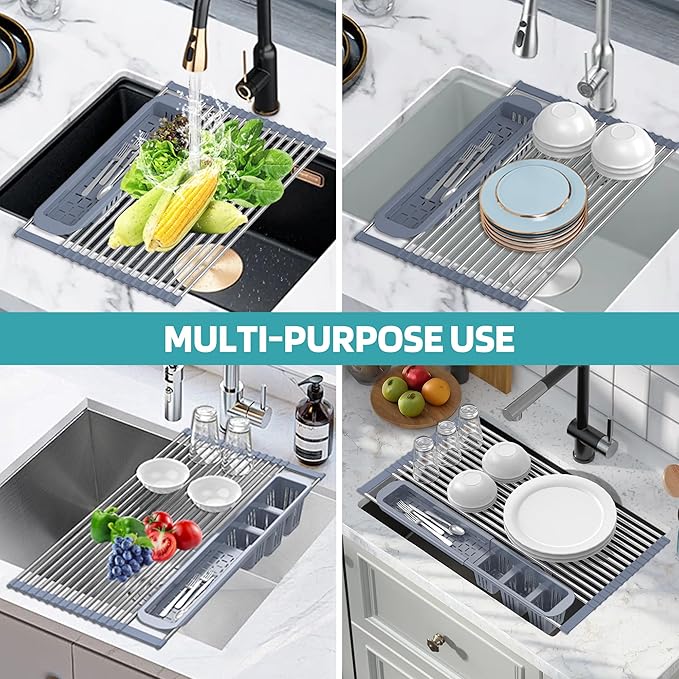 BBXTYLY Expandable Roll Up Dish Drying Rack,Over The Sink Drying Rack Sink Kitchen Accessories Rolling up Stainless Steel Drainer, Foldable with Removable Utensil Holder(Gray)