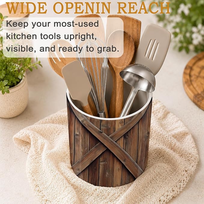 Vintage Barn Door Kitchen Utensil Holder,Wooden Large Ceramic Utensil Crock for Countertop,Cooking Utensil Organizer for Spatulas,Spoons