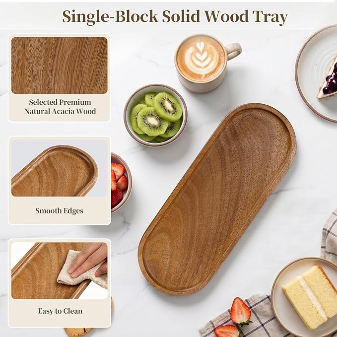 Small Wooden Tray | Acacia Wood Tray for Vanity, Bathroom Counter, Coffee Table & Toilet | Perfect for Jewelry, Remote, Perfumes & Catch All | Mini Charcuterie Board Serving Platter (Oval)