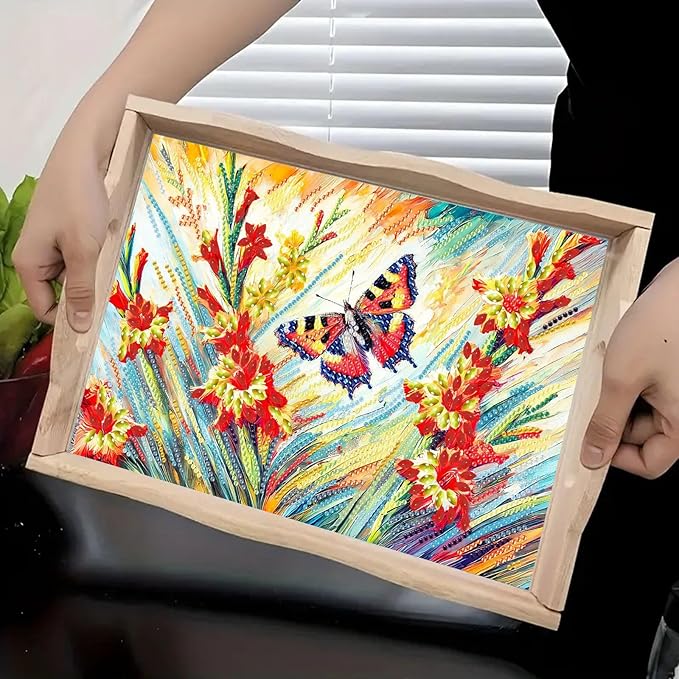 DIY Diamond Serving Tray Rectangular Wooden Breakfast Tray with Handle Handmade Diamond Art Painting Spring Creative Dinner Plate Coffee Room Living Home Organizer-Butterfly