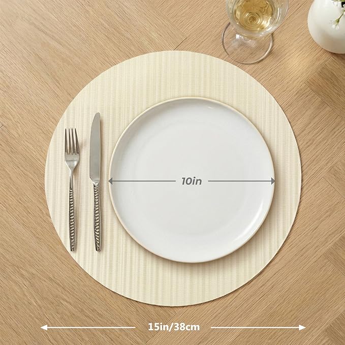 AHHFSMEI Round Placemats Set of 6 Woven Vinyl Non-Slip Heat Resistant Stain Resistant Easy Clean Place mats for Dining Table(Beige)