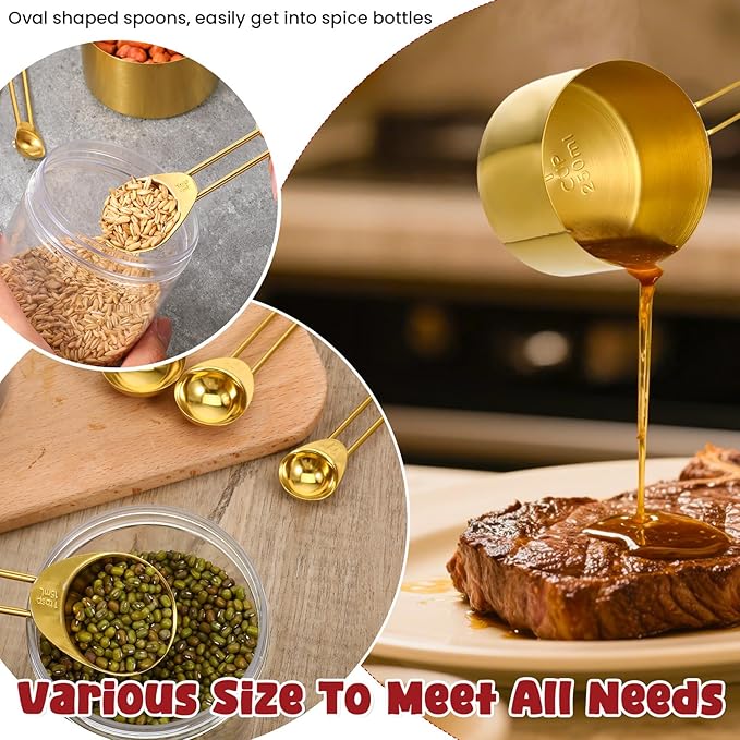 Giantree 9PCS Stainless Steel Gold Measuring Cups And Spoons Set, Metal Stackable & Long Handle Measuring Cups Measuring Spoons Set Durable Rust-Proof for Kitchen Baking Cooking