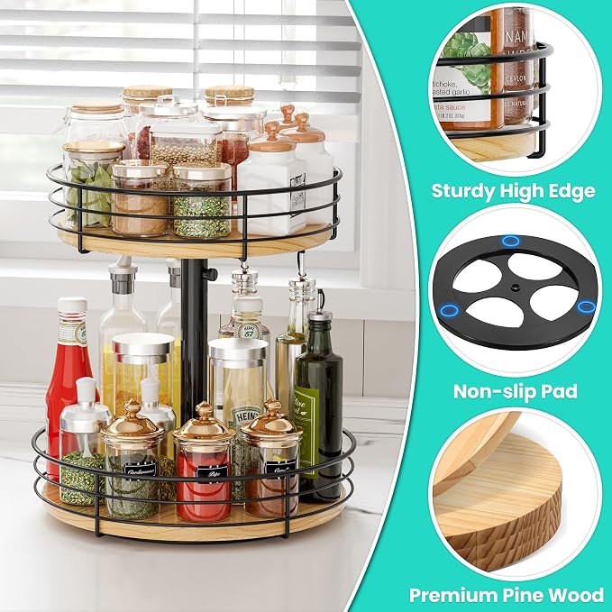 2 Tier Lazy Susan Spice Rack Organizer, Rotating Turntable, Black | Height Adjustable, Wood, 12 Inch, For Cabinet Dining Table Kitchen Bathroom Countertop