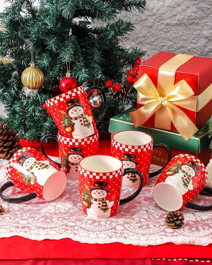 HASENSE Coffee Mugs Set of 6, Ceramic Coffee Cups with Handle, Large Christmas Latte Cup for Tea, Hot Cocoa, Milk, Stylish Mug for Holiday Gift, Dishwasher and Microwave Safe, Red