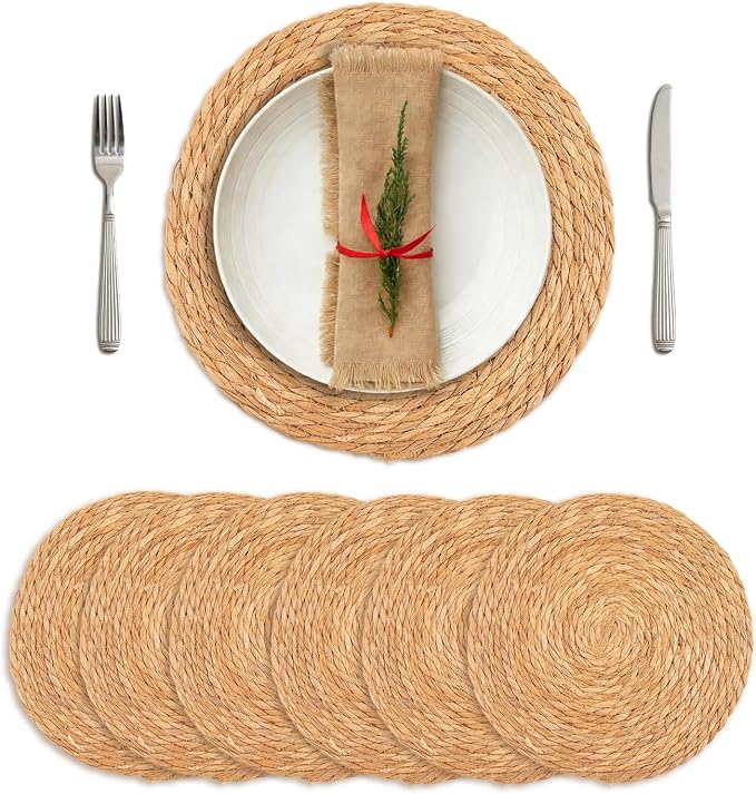 Round Woven Placemats Set of 6, 13 Inch Boho Rattan Placemats, Rattan Chargers for Dinner Plates Natural Farmhouse Rustic Wicker Placemat for Dining Table Decor
