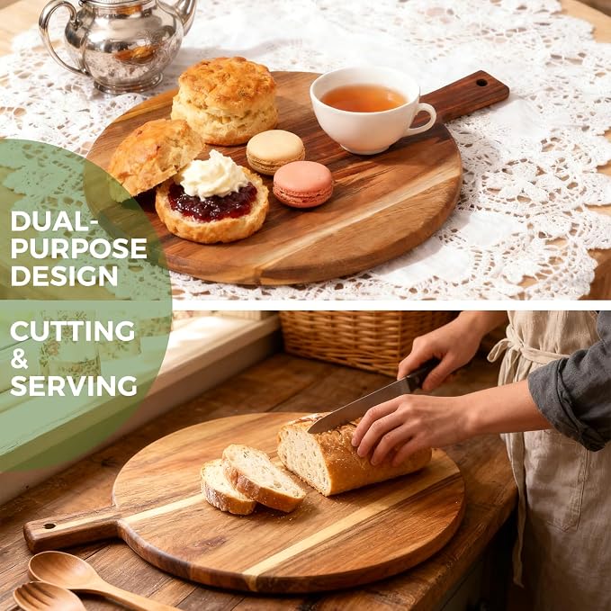 S310 Acacia Wood Round Cutting Board with Handle, Wooden Chopping Board for Meat, Cheese, Bread & Vegetables, Decorative Charcuterie Serving Board for Kitchen Cooking, Pizza & Party Dining, 17"x13"