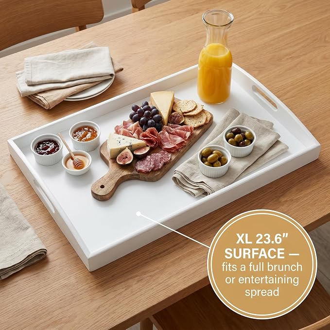 Bam & Boo White Bamboo Serving Tray Extra Large with Handles for Food, Drinks, Storage, Decor, Vanity, Breakfast, Parties, Weddings, Picnics(23.6” x 15” x 2.35”, White)