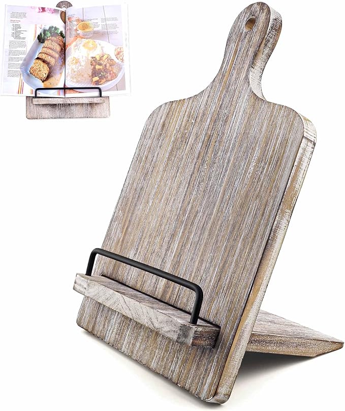 Cookbook Stand Recipe Book Stand: Cook Book Stand for Kitchen Counter, Rustic Cook Book Stand Adjustable Tablet Cookbook Holder, Wood Cutting Board Style Cooking Gift for Woman - Gray