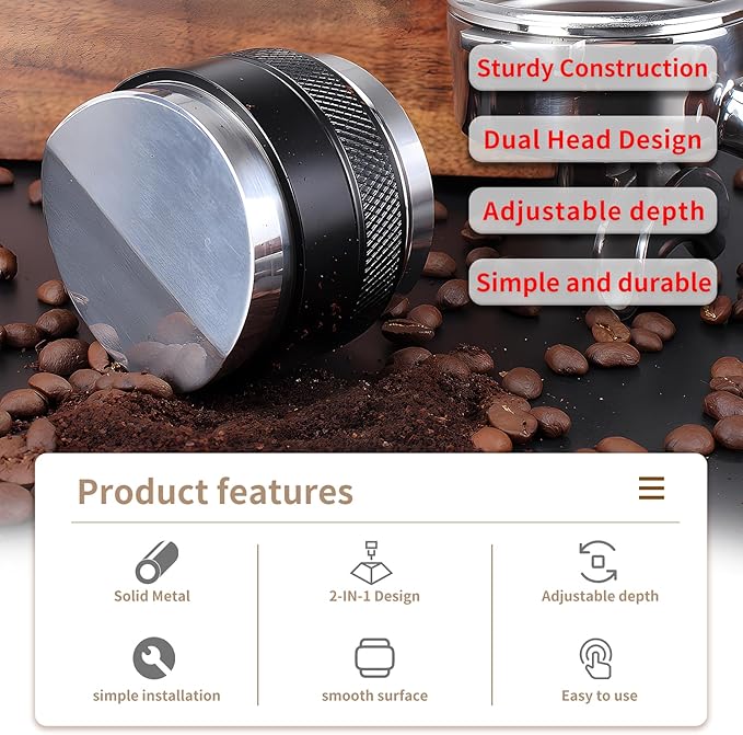 DIBTSA 58mm Espresso Distributor and Tamper, Dual Head Coffee Leveler, Adjustable Depth, Stainless Steel Espresso Distribution Tool for 58mm Portafilter (Black)