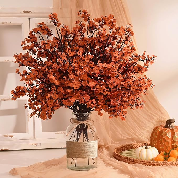 Waipfaru 6 Pcs Fake Flowers Babys Breath Silk Artificial Orange Flowers Gypsophila Bouquets Bulk Real Touch Fall Stems for Fall Thanksgiving Autumn Decor DIY Floral Arrangement Table Centerpieces