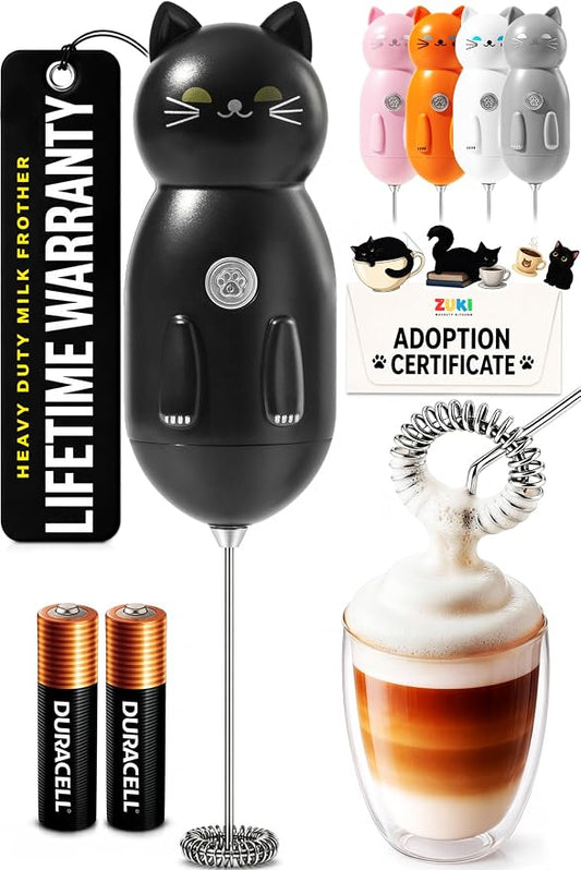 Zulay Kitchen Cat Milk Frother Wand – Cutesy Frother, Meet Your New Frothing Buddy Midnight The Cat, Adoption Papers and Stickers Included, Purrr-fect for Lattes, Cappuccino & Matcha – Black