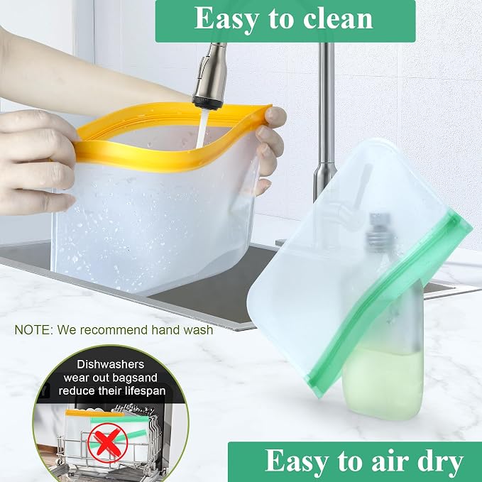 Silicone Storage Freezer Bags, 4 Reusable Sandwich Bags + 4 Reusable Snack Bags, Leakproof Food Storage Containers for Picnic, Work, Home Use