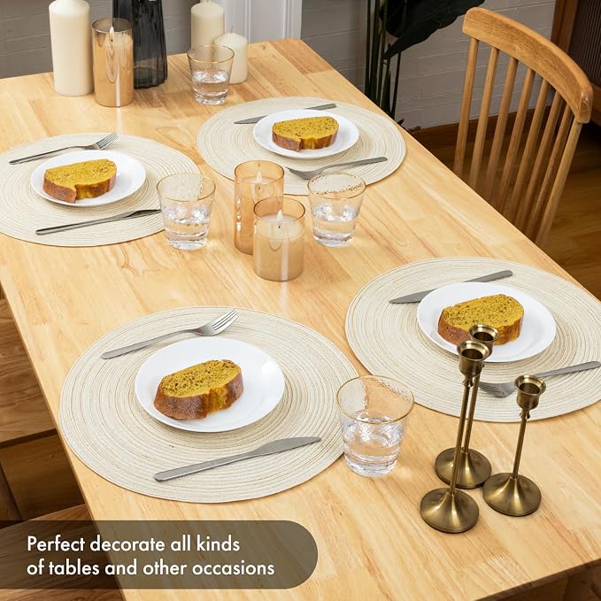 Winknowl Round Braided Placemats Set of 8 Washable Woven Heat Resistant Table Mats for Kitchen Dining Tables 15 inch Round Place Mats (Ivory,8)