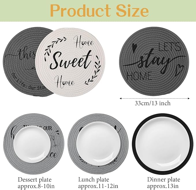 13 Inch Round Cotton Placemat Set of 6 Woven Boho Coasters Table Mats Dining Table Setting Decor Washable Heat Resistant Farmhouse Circle Place Mats for Home Accessories(Grey, Black)