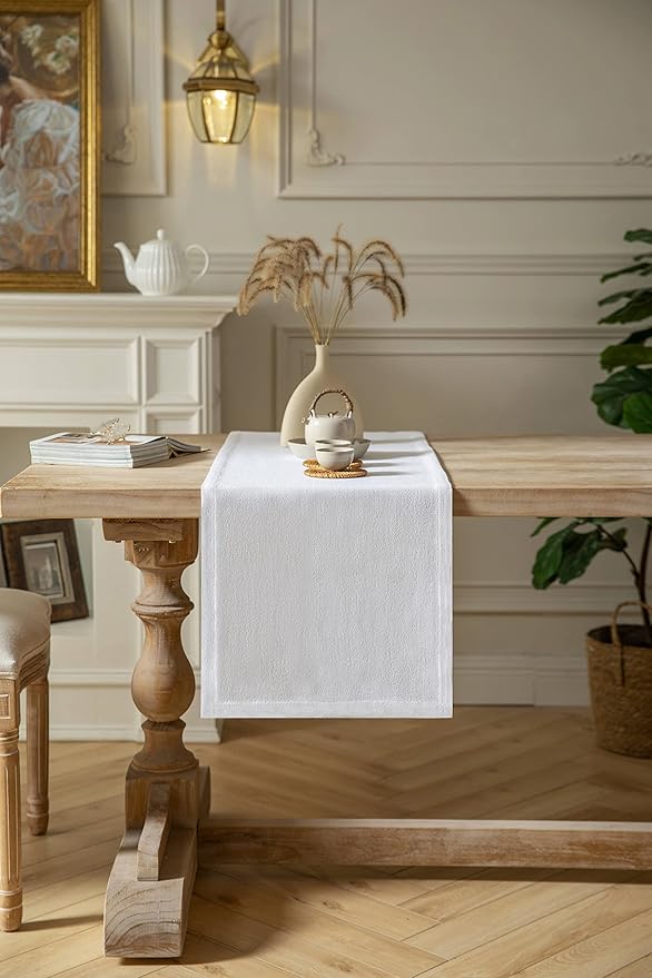 ZeeMart Burlap Style Farmhouse Table Runners 36 Inches Long, White Rustic Woven Dining Table Runner for Everyday Use, 14x36 Inches, White