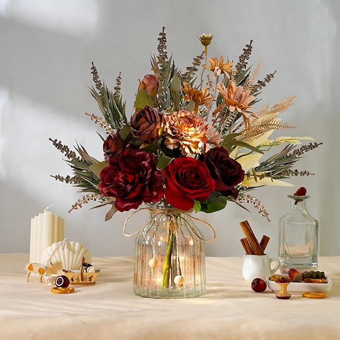LESING Dahlia Flower Aritificial Flower with Vase Fake Silk Flowers in Glass Vase Faux Rose Flowers Arrangement for Home Office Table Centerpiece Decoration (Claret Red)