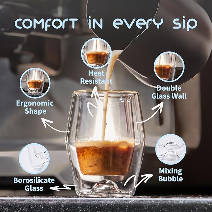 To-Go Espresso Glass Travel Mug with Lid, Reusable Double Wall Glass Tumbler, Fits Most Coffee Makers/Cupholders for Your Car, Gifts for Coffee Lovers, 2-Pack Flat White Cortado Cups