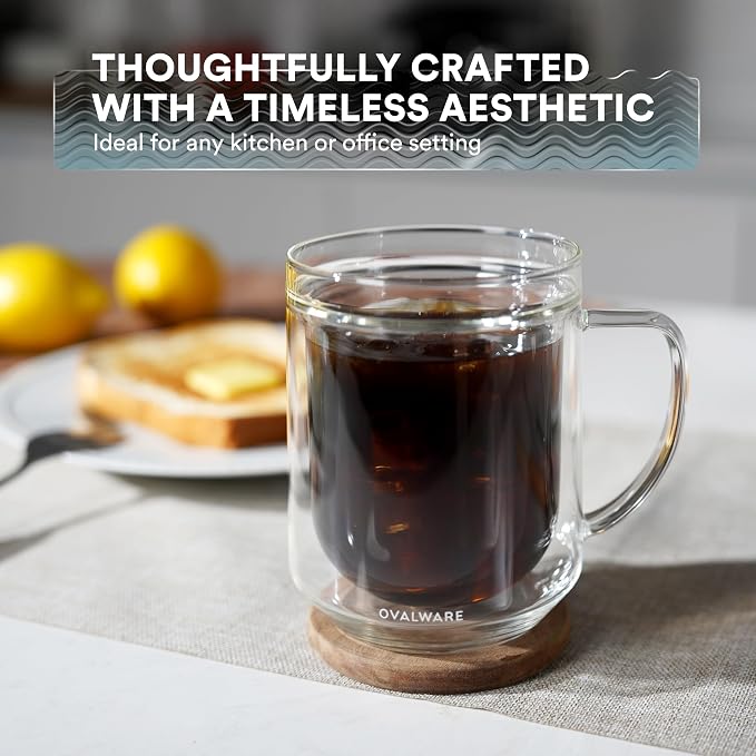 ovalware 500ml Double Wall Glass Coffee Mugs, Single Lip Mugs Made of Durable Borosilicate Glass, Insulated Coffee Mug with Handle for Hot and Cold Drinks - Clear