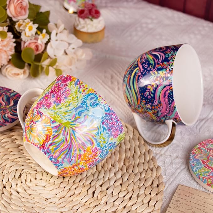 KAMMAK Coffee Mugs Ceramic Tea Cups Set of 2, 15 oz Porcelain Espresso Cups with Coaster Large Novelty Mugs with Handle for Cappuccino, Latte, Americano, Breakfast Cereal, Hot Cocoa (Purple + Ocean)