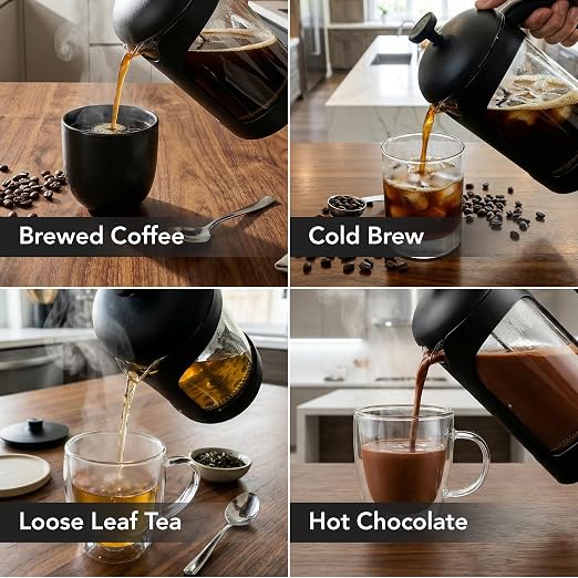 OVENTE French Press Coffee Maker 20 Ounce with Heat Resistant Borosilicate Glass & Stainless Steel 4-Level Filtration System, Portable Cold Brew Coffee Maker for Travel, Camping or Gift, Black FPB20B