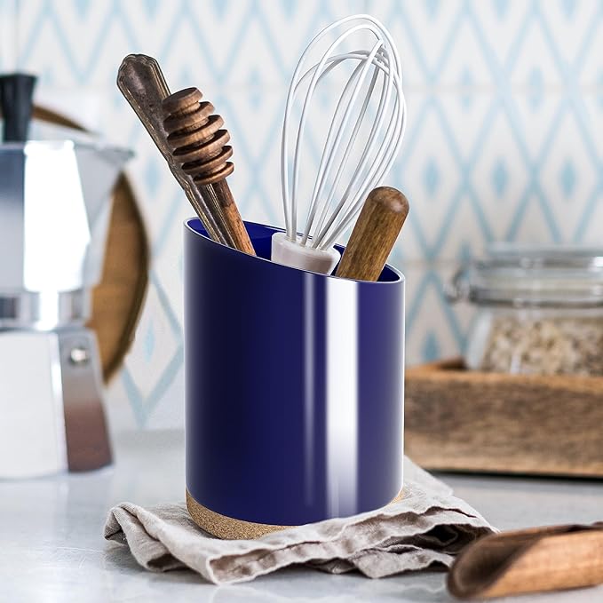 KITEISCAT Large Ceramic Utensil Holder for Kitchen Counter, Modern Crock with Slanted Top & Cork Mat, for Spatulas & Cooking Spoons, Blue