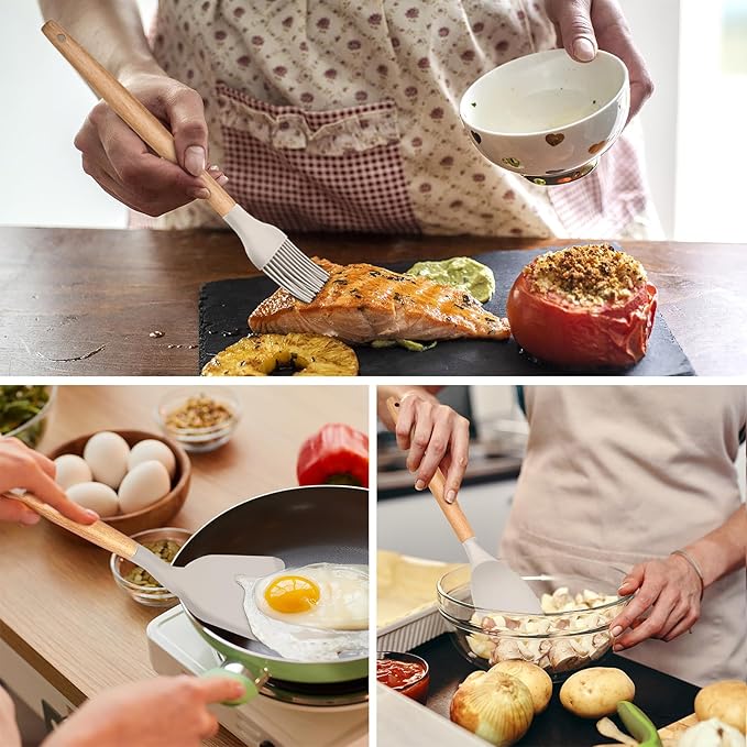 E-far Kitchen Utensils Set of 12, Silicone Cooking Utensils with Holder, Non-stick Cookware Friendly & Heat Resistant, Includes Spatula Tong Whisk Ladle Brush Slotted Turner Spoon(Khaki)