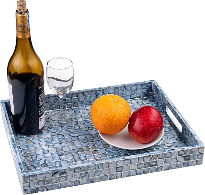 PEMAR Rectangular Mother of Pearl Serving Tray Nacre Wood Lap Ottoman Tray for Coffee Table, Luxury Decorative Handmade Eating Platters w Insert Handles (Blue)