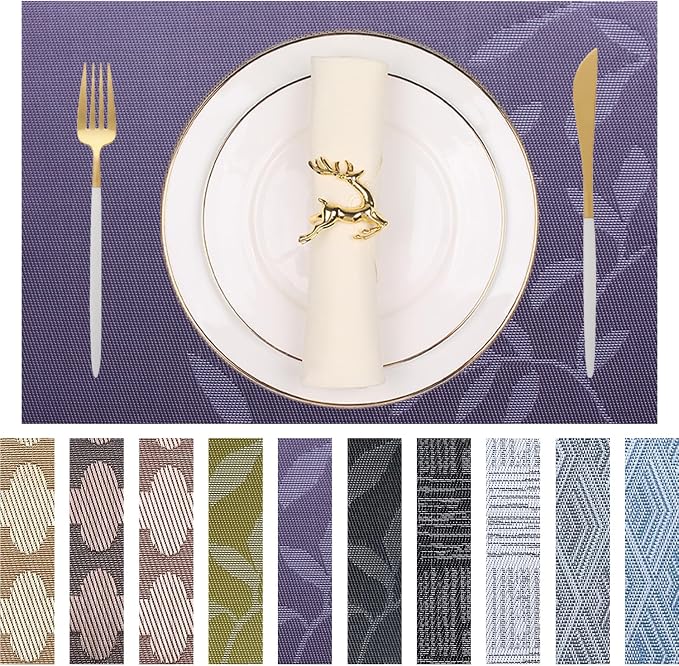 Leaf Placemats Set of 8 Non-Slip Heat-Resistant Vinyl Washable Place Mats for Kitchen Table Indoor Outdoor Durable (18"x12", Purple)