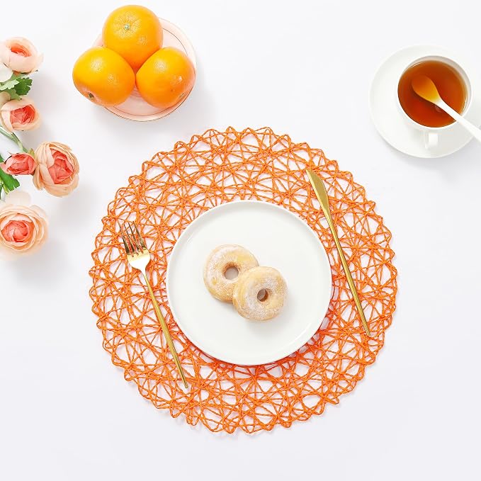 IcosaMroTangerine Round Placemats Set of 6 for Dining Table, 15 Inch Paper Woven Boho Decorative Circle Place Mat for Wedding Christmas Thanksgiving Day Holiday Dinner, Tangerine