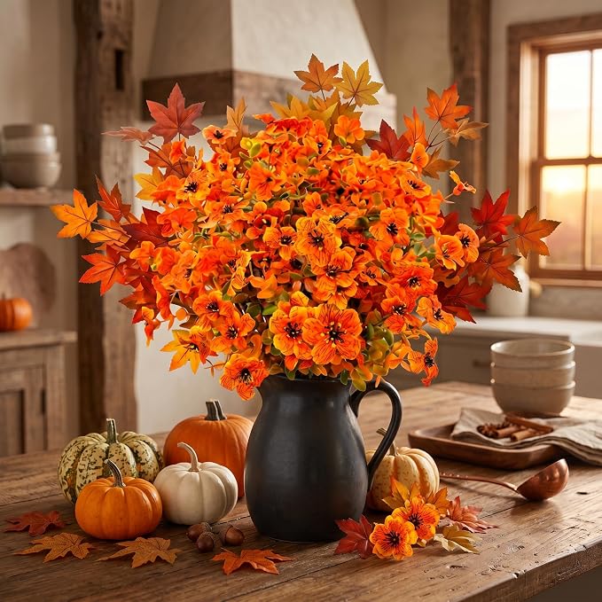 10Pcs Artificial Fall Flowers Outdoor UV Resistant, Faux Mums Orange Silk Flowers with 3-Tone Maple Leaves for Porch Planters, Thanksgiving Autumn Harvest Decor, 14 Inch