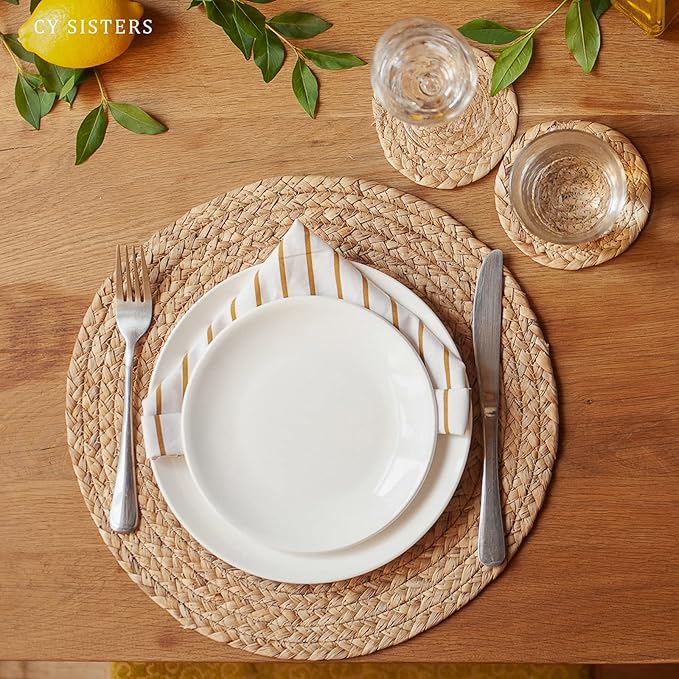 Round Placemats Set of 8 Natural Woven Rattan Placemats, Braided Boho Farmhouse Place Mats Heat Resistant Dining Table Mats Straw Placemat Wicker Outdoor Placemat for Patio Table 13.4''