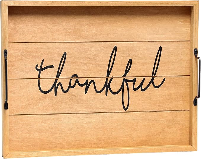 Elegant Designs HG2000-NTF Decorative Wood Serving Tray w/Handles, 15.50" x 12", Thankful (Pack of 4)