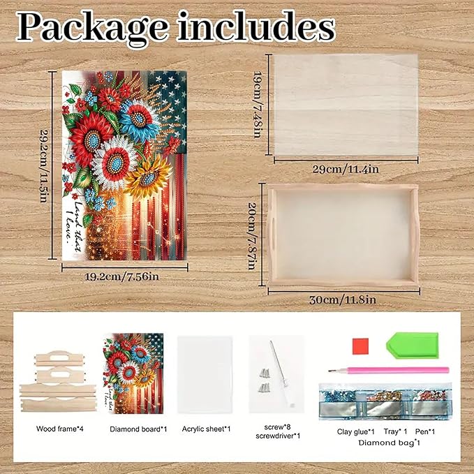 DIY Diamond Art Painting Serving Tray Creative Design Handmade Wooden Rectangular Snack Tray Dinner Plate Drill Craft for Coffee Living Room Home Organizer-USA Sunflower