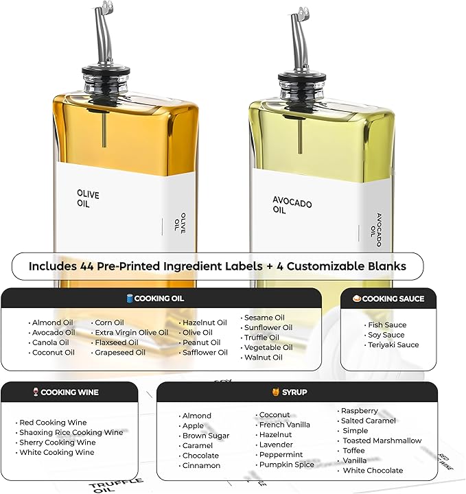 Spaceneat Olive Oil Dispenser Bottle - Includes 44 Kitchen Essential Labels - Cooking Oil Bottles for Kitchen, Coffee Syrup Dispenser - Pourer Spout with 11.8 fl oz Glass Container Cruet - 2pcs Silver