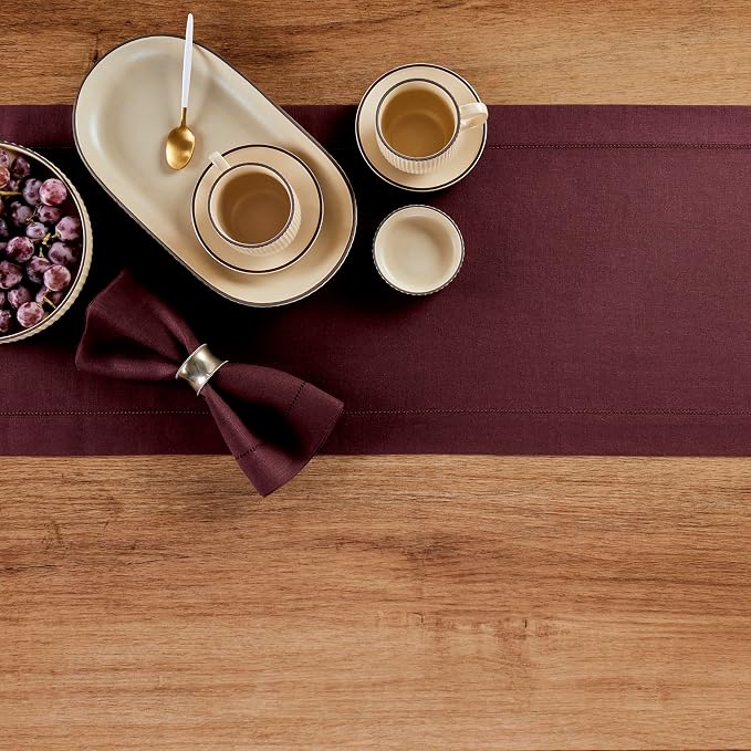 Solino Home Linen Table Runner 48 Inches - 100% Pure Linen Burgundy Hemstitch Table Runner 14 x 48 Inch Ideal for Dresser and Coffee Tables - Classic Hemstitch