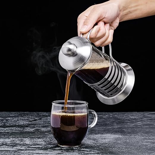 OVENTE French Press Coffee Maker 12 Ounce with Heat Resistant Borosilicate Glass, Stainless Steel Design and 4-Level Filter System, Portable Cold Brewer Pot for Travel, Camping or Gift, Silver FSH12S