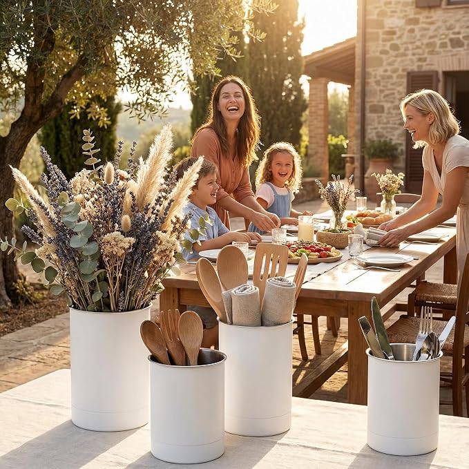 KSENDALO Stainless Steel Utensil Holder Set of 3 - 6.6* 5inch Round Kitchen Caddy, Crock, and Organizer for Cooking Spoons, Silverware, and Spatulas - Stylish Metal Container for Countertop, White | White Painted Stainless, Heavier Base, 6.6 inchTall, ...