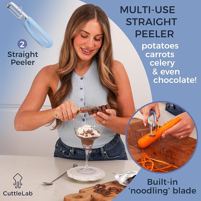 CuttleLab Vegetable Peeler Set – Serrated, Straight & Wide Blades- great apple peeler & potato peelers, Carrots, Zucchini, Cucumbers – Soft Grip Handle- Eye Remover – Dishwasher Safe (3, Farmhouse)