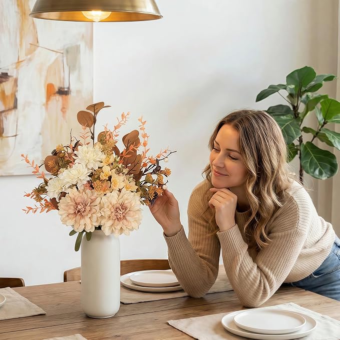 Artificial Fall Flowers Bouquet in Ceramic Vase, Faux Brown Flower Centerpieces for Coffee Table Decorations, Fake Silk Floral Arrangements for Thanksgiving Living Dining Room Bedroom Decor